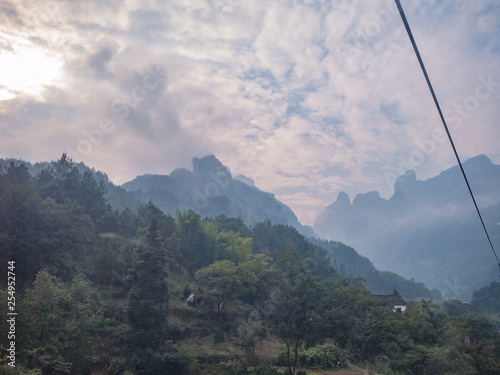 Beautiful zhangjiajie mountain view from cable car to tianmen mountain in the morning.Tianmen mountain cable car the longest cableway in the world.zhangjiajie city china