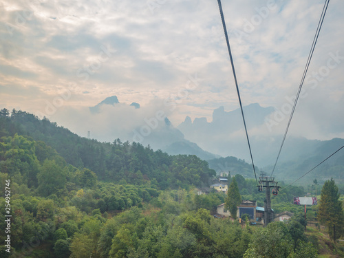 Beautiful zhangjiajie mountain view from cable car to tianmen mountain in the morning.Tianmen mountain cable car the longest cableway in the world.zhangjiajie city china