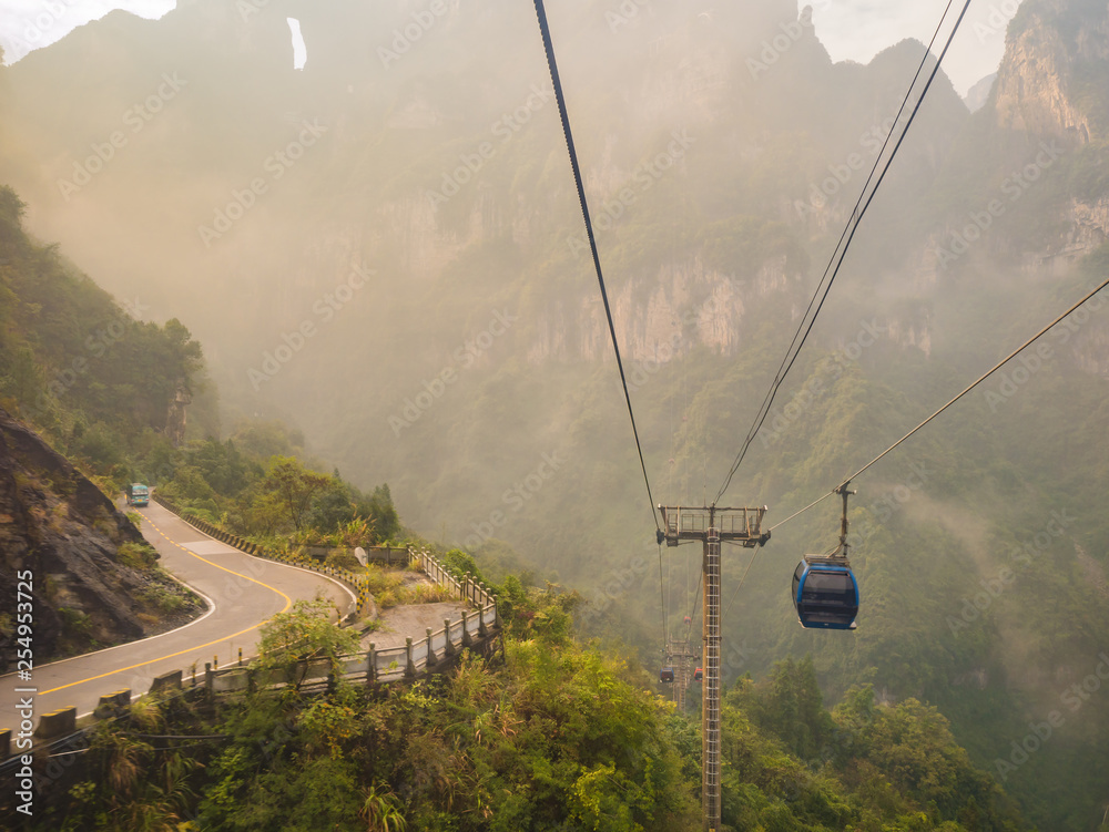 Beautiful View from cable car to tianmen mountain.Tianmen mountain cable car the longest cableway in the world.zhangjiajie city china