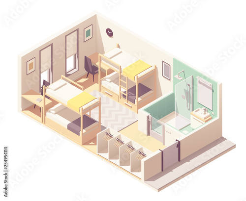 Vector isometric hostel room cross-section