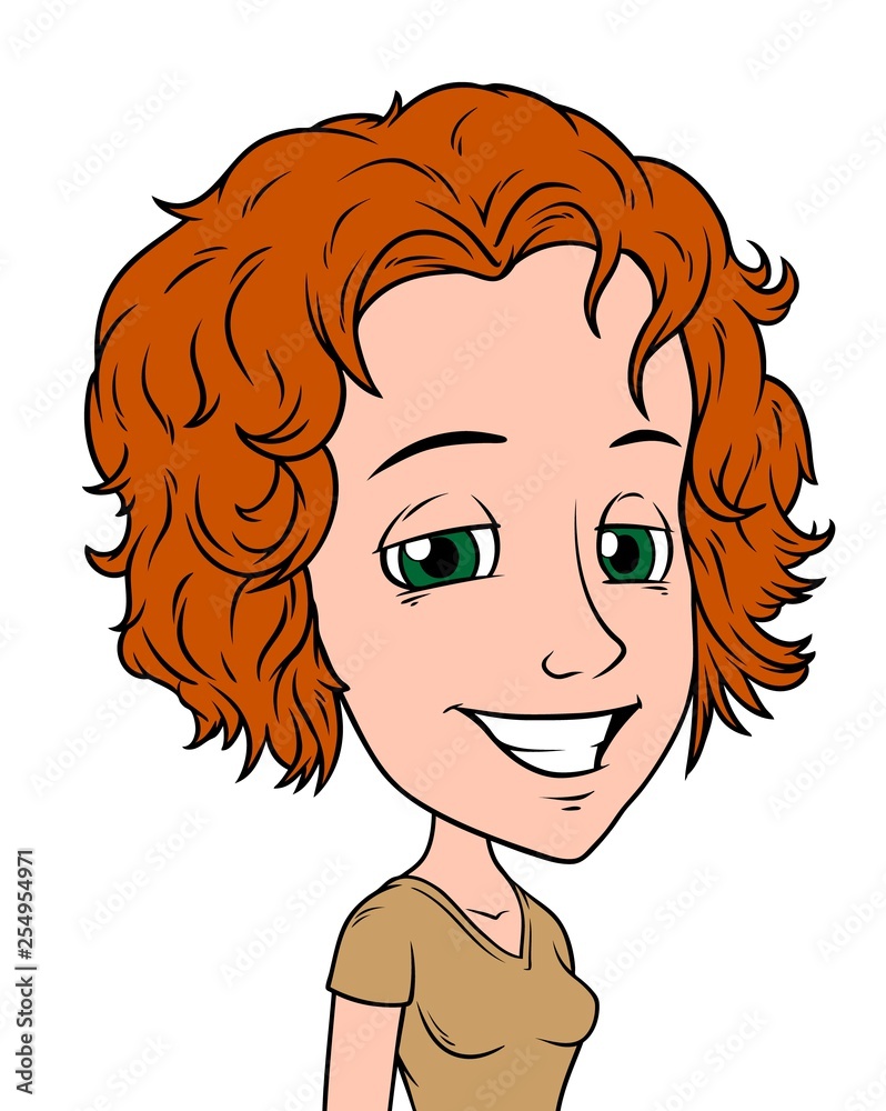Cartoon redhead smiling girl character with green eyes. Isolated on white background. Vector icon avatar. Cartoon redhead smiling girl character with green eyes. Isolated on white background. Vector icon avatar.