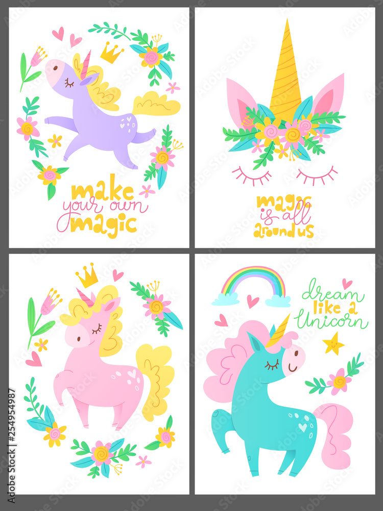 Sey of four children room posters with unicorn