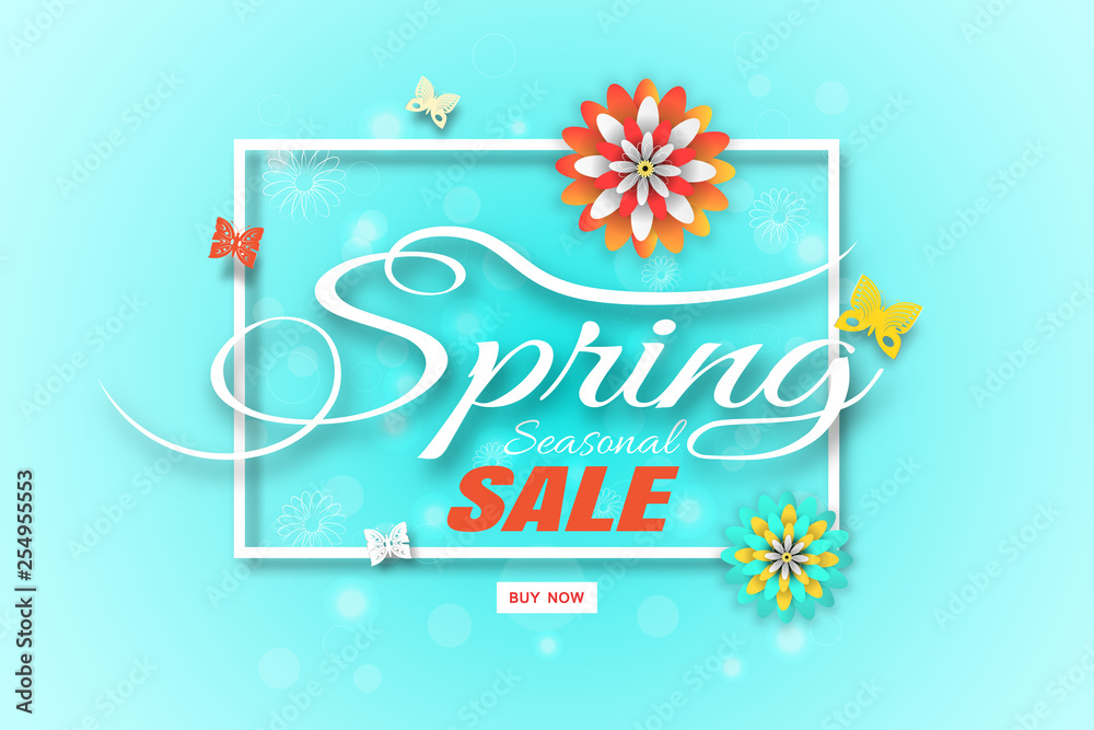 Naklejka premium Vector wide promotional poster of Spring Sale on the gradient green background with square frame, flowers and butterflies arrange on the center.