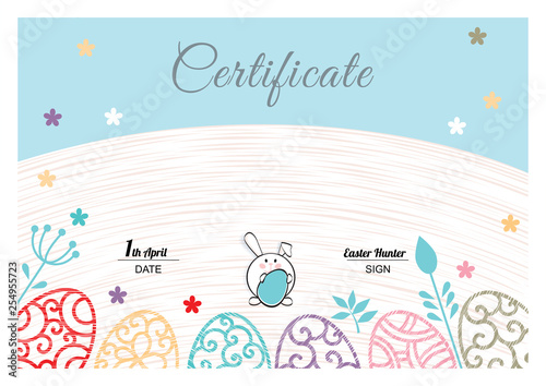Easter white blue certificate with bunny, multicolored ornamental eggs