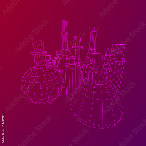 Different wine bottles. Model wireframe low poly mesh vector illustration