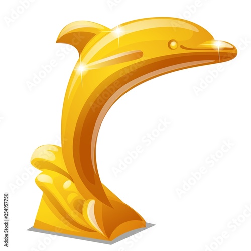 Golden statue of a jumping dolphin isolated on white background. Vector cartoon close-up illustration.