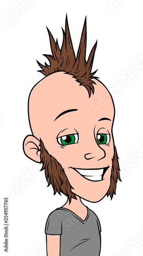 Cartoon punk boy character with mohawk and whiskers. Isolated on white background. Vector icon avatar.