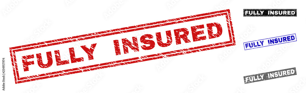 Grunge FULLY INSURED rectangle stamp seals isolated on a white background. Rectangular seals with distress texture in red, blue, black and grey colors. Grunge FULLY INSURED rectangle stamp seals isolated on a white background. Rectangular seals with distress texture in red, blue, black and grey colors.