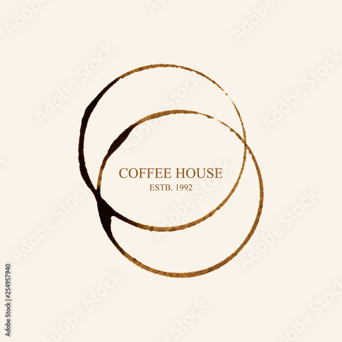 Watercolor logo for coffee house in form of coffee stains isolated on light beige background. Vector illustration EPS10.