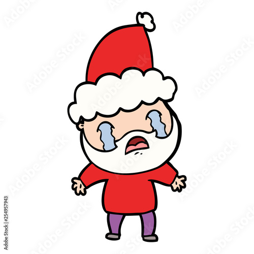 line drawing of a bearded man crying wearing santa hat