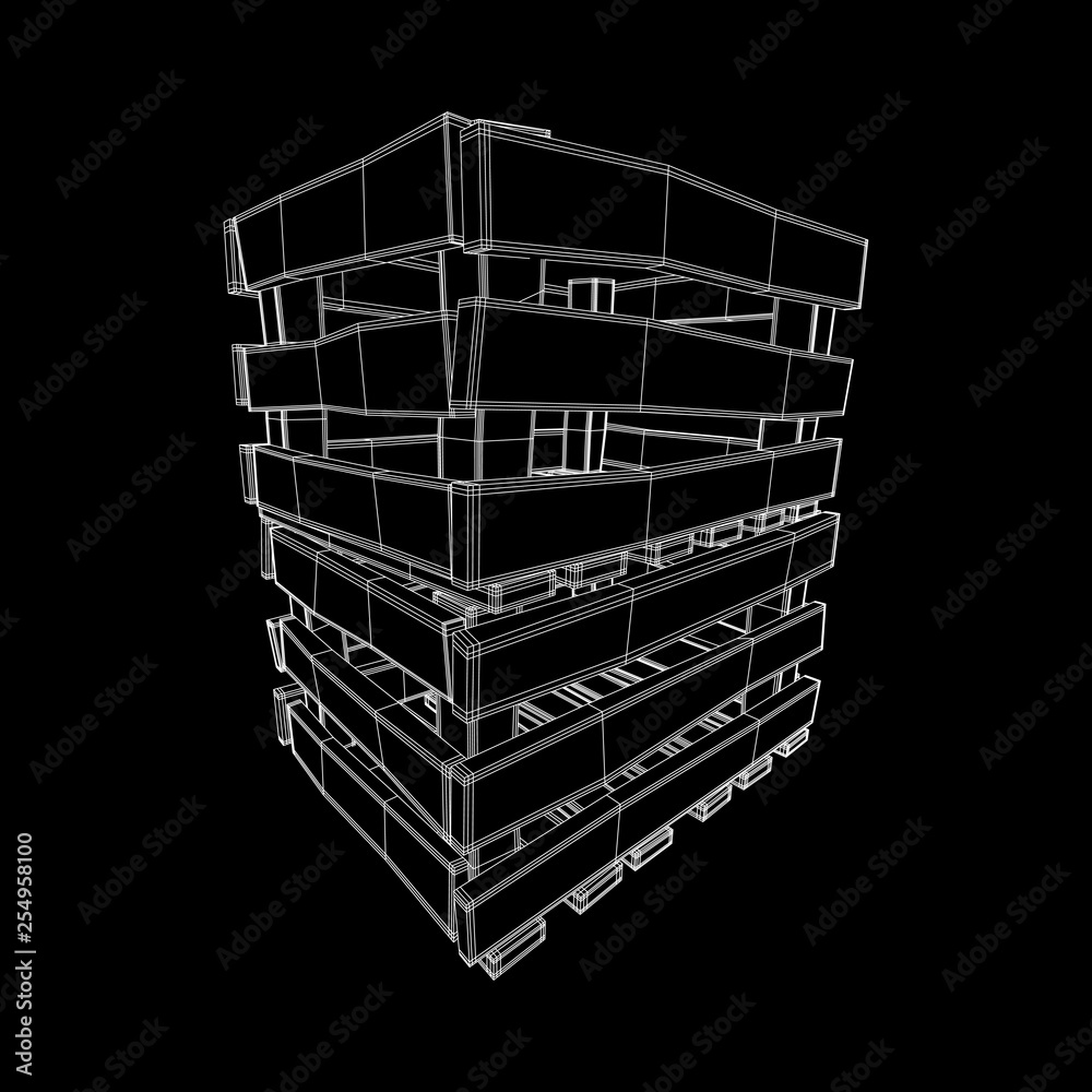 Wooden box for transportation and storage of products. Empty crate for fruits and vegetables. Model wireframe low poly mesh vector illustration