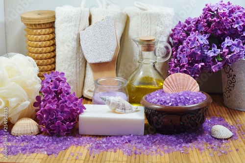 Spa - Aromatic soap, scented bath salt, and oil, and accessories for massage and bathroom.