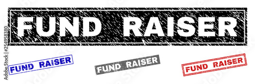 Grunge FUND RAISER rectangle stamp seals isolated on a white background. Rectangular seals with grunge texture in red, blue, black and grey colors.