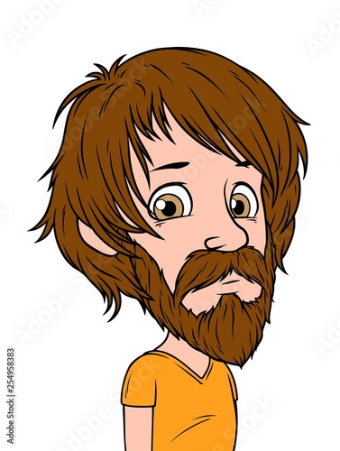Cartoon brunette long haired boy character with beard. Isolated on white background. Vector icon avatar.