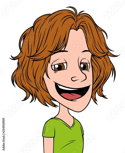 Cartoon brunette long haired smiling boy character. Isolated on white background. Vector icon avatar.