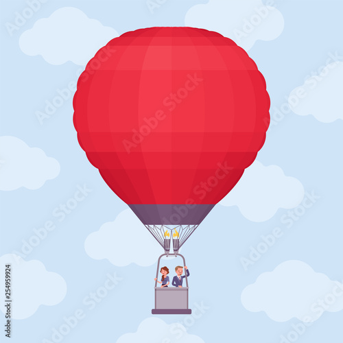 Hot air balloon journey for business people. Businessman and businesswoman floating high above, enjoy amazing project or startup adventure, move to new perspective and achievement. Vector illustration