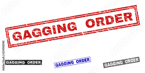 Grunge GAGGING ORDER rectangle stamp seals isolated on a white background. Rectangular seals with distress texture in red, blue, black and grey colors.