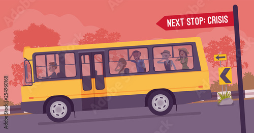 Business team moving fast to crisis. Businessmen and businesswomen in a bus riding down to a crash accident and catastrophe, company damage and financial disaster on next stop. Vector illustration