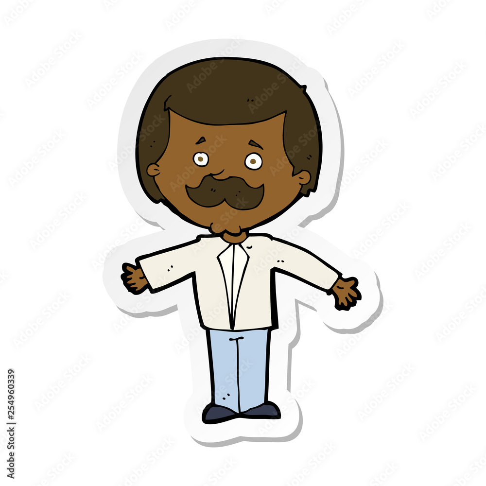 sticker of a cartoon mustache man with open arms sticker of a cartoon mustache man with open arms