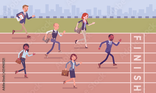Businessmen running at business competition. Rivalry race between companies or managers, office workers in motivational contest, employees establishing professional superiority. Vector illustration