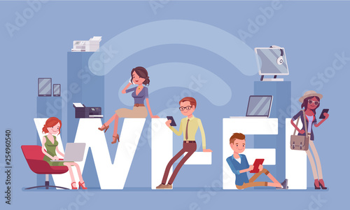 Wi fi giant letters and people. Group of happy diverse men enjoy free area for computers, smartphones, devices connection to the Internet, communicate with one another wirelessly. Vector illustration