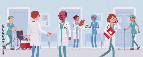 Doctors and nurses working in a hospital. Busy day in clinic department, staff and med equipment, patients given professional medical treatment, health care institution routine. Vector illustration