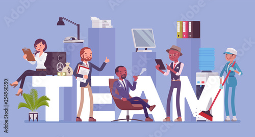 Team giant letters and different people. Group of diverse men working together to achieve a common goal, friendship and collaboration to complete a task, job, or business project. Vector illustration