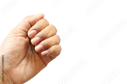 Close up isolated dirty nails of Asian woman on white background have copy space for put text. Concept unhealthy because can have bacteria make sick people