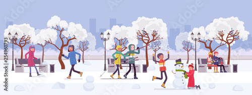 Winter season park zone with people. Large public garden in snow, land area for fun, recreation, happy citizens enjoy open air activities, walk, ski, make snowman, play snowballs. Vector illustration