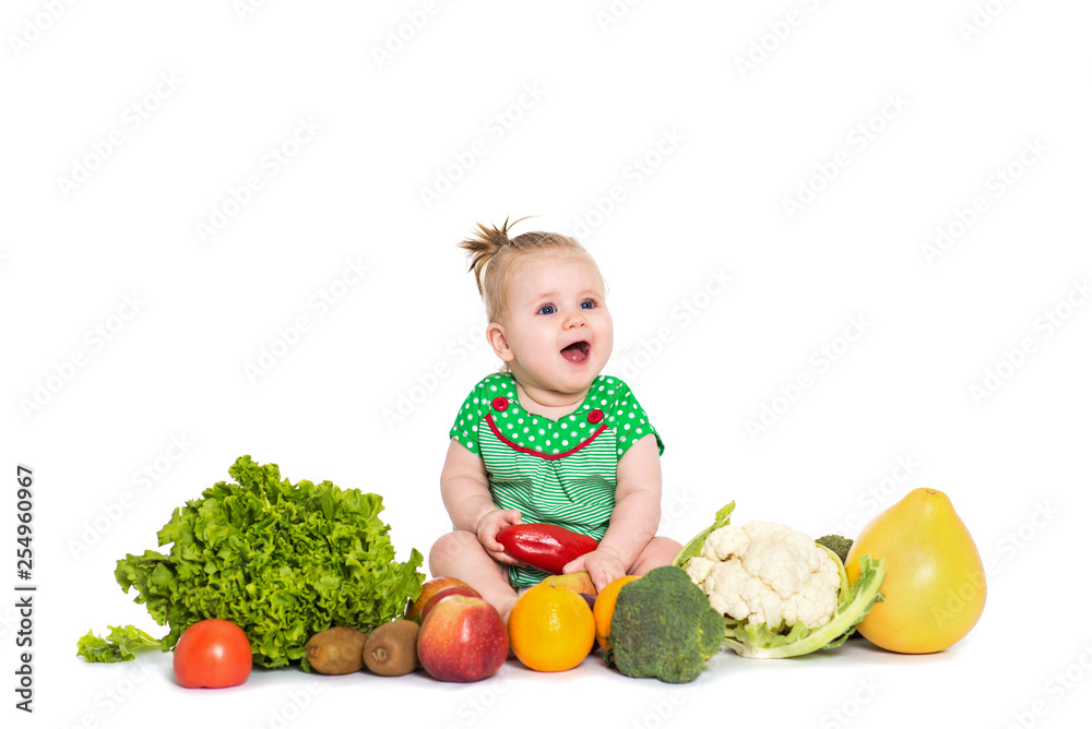 Baby girl sitting surrounded by fruits and vegetables, isolated on white Baby girl sitting surrounded by fruits and vegetables, isolated on white