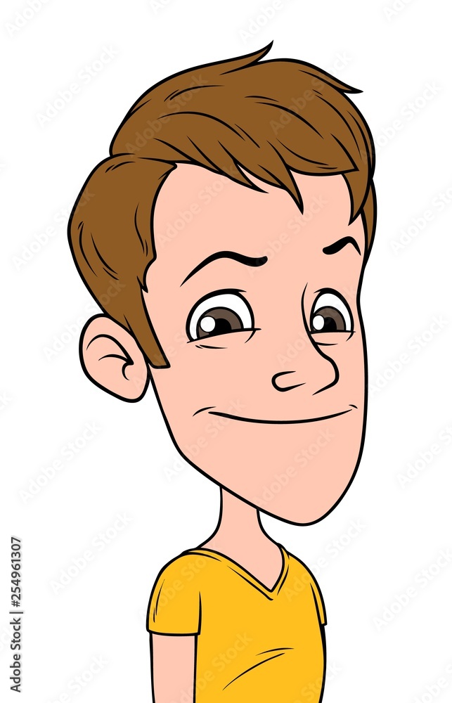 Cartoon brunette funny smiling boy character. Isolated on white background. Vector icon avatar. Cartoon brunette funny smiling boy character. Isolated on white background. Vector icon avatar.