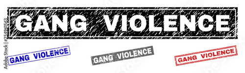 Grunge GANG VIOLENCE rectangle stamp seals isolated on a white background. Rectangular seals with grunge texture in red, blue, black and grey colors.