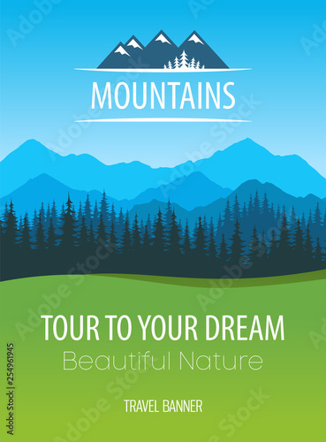 Mountains Nature, vector Travel Poster - Design of scenic colorful nature of Alps with copy area at header with logo and bottom of Placard layout with caption and descriptions.
