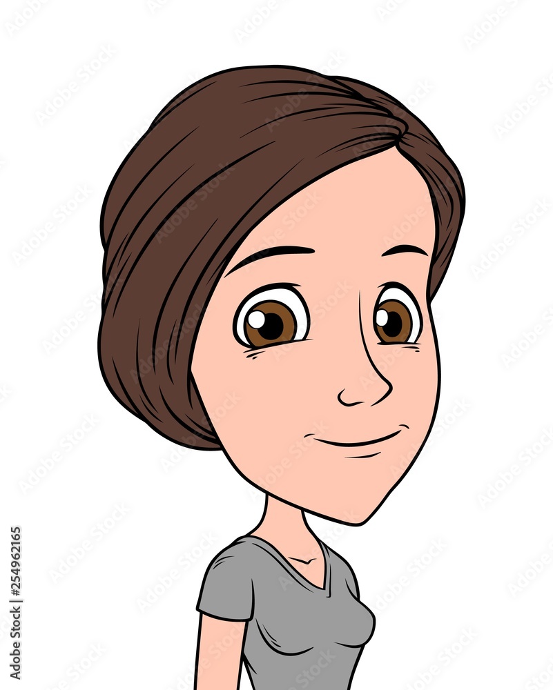 Cartoon brunette funny smiling girl character. Isolated on white background. Vector icon avatar. Cartoon brunette funny smiling girl character. Isolated on white background. Vector icon avatar.