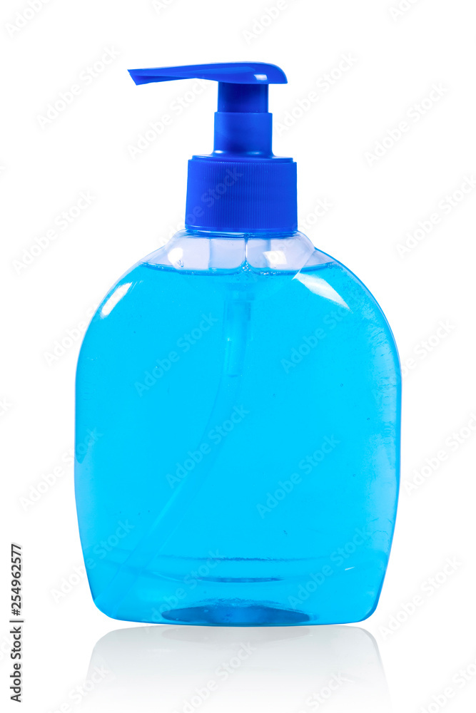 Plastic bottle with blue liquid soap on a white background with reflection  Stock Photo | Adobe Stock