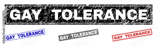 Grunge GAY TOLERANCE rectangle stamp seals isolated on a white background. Rectangular seals with grunge texture in red, blue, black and grey colors.