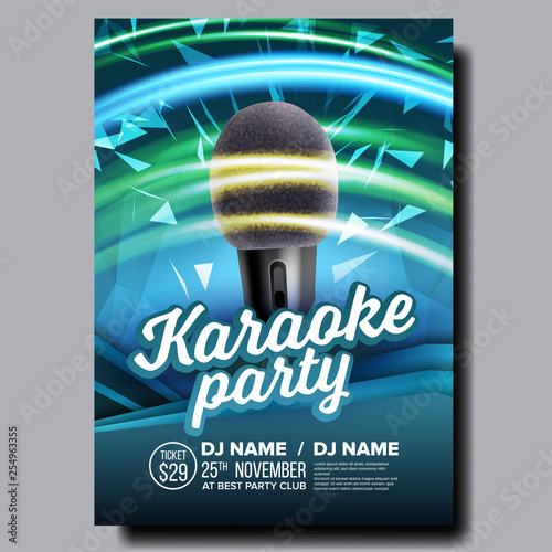 Karaoke Poster Vector. Colorful Instrument. Technology Symbol. Karaoke Party Flyer. Music Night. Radio Microphone. Retro Concert. Competition. Media Announcement. Luxury. Realistic Illustration