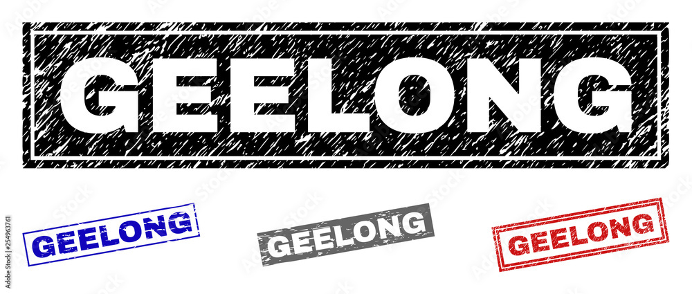Grunge GEELONG rectangle stamp seals isolated on a white background. Rectangular seals with grunge texture in red, blue, black and grey colors. Grunge GEELONG rectangle stamp seals isolated on a white background. Rectangular seals with grunge texture in red, blue, black and grey colors.