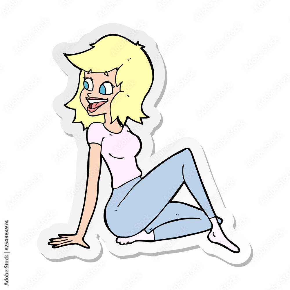 sticker of a cartoon pretty woman looking happy sticker of a cartoon pretty woman looking happy
