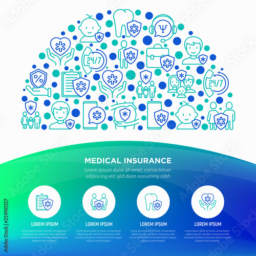 Medical insurance concept in half circle with thin line icons: policy, life insurance, psychological support, maternity program, 24/7 support, telemedicine. Vector illustration for print media.