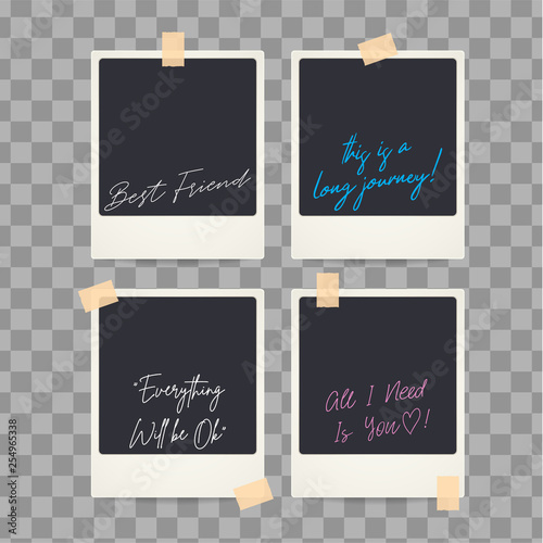 Realistic vintage blank photo frame set with quotes text. Isolated background