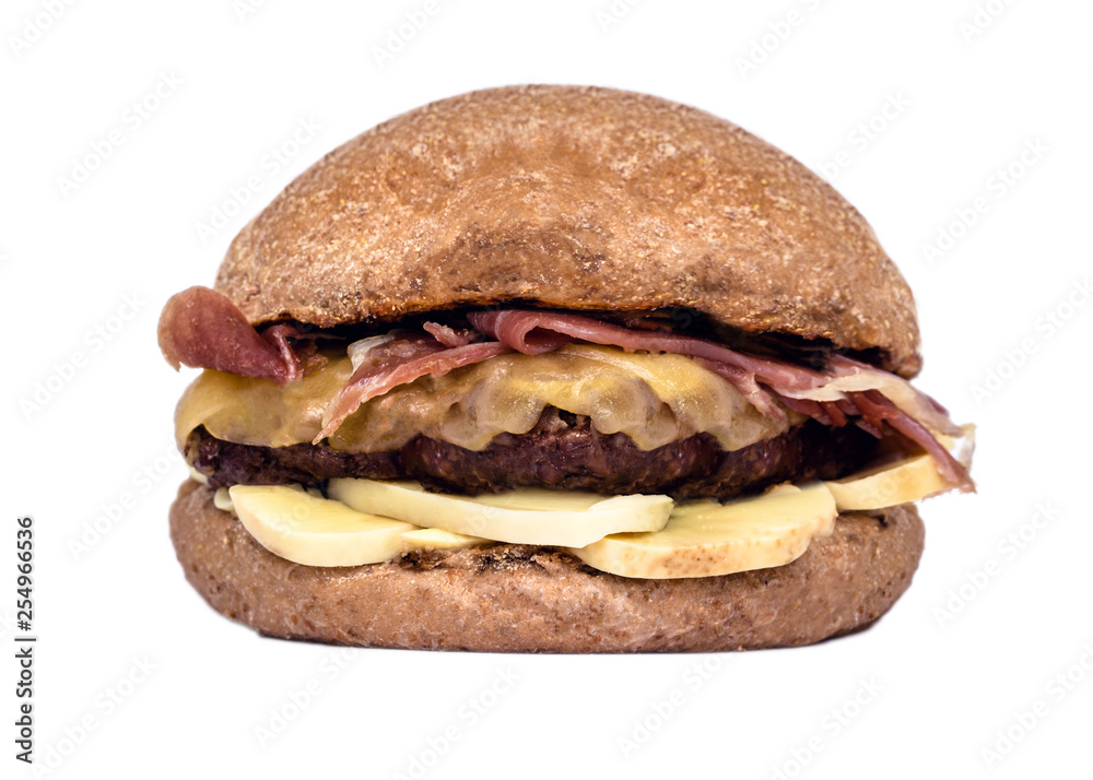meat and cheese burger with whole wheat bread, isolated white background.