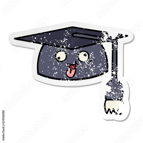 distressed sticker of a cute cartoon graduation hat