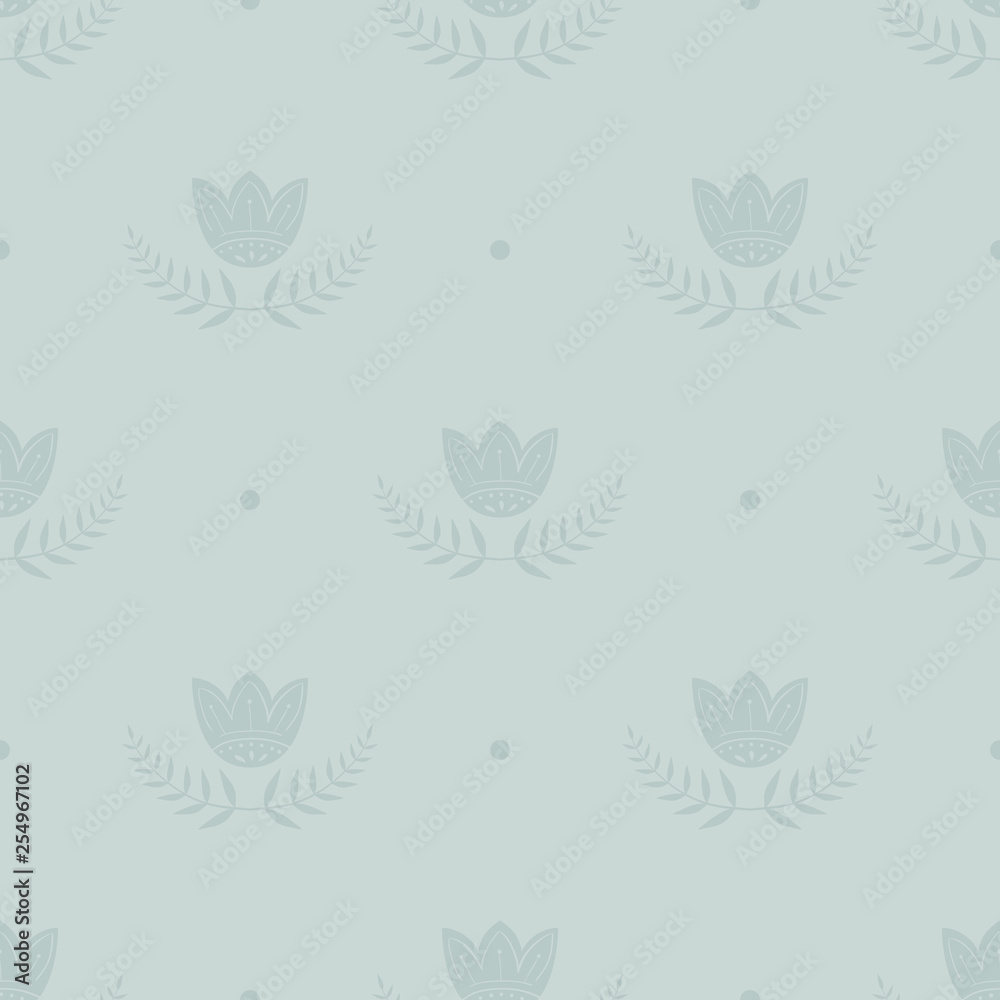 Classic pattern with tulips and green branches. English style pattern for wrapping paper, fabric design. Good for baby design. Scandinavian style. Pastel colors Classic pattern with tulips and green branches. English style pattern for wrapping paper, fabric design. Good for baby design. Scandinavian style. Pastel colors