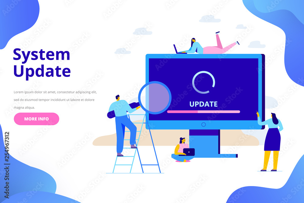 System update vector illustration concept. Desktop computer with update screen. Update process. Install new software, operating system, update support. Characters design 