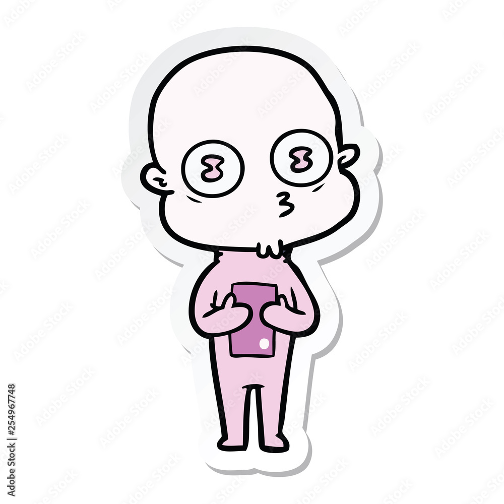 sticker of a cartoon weird bald spaceman