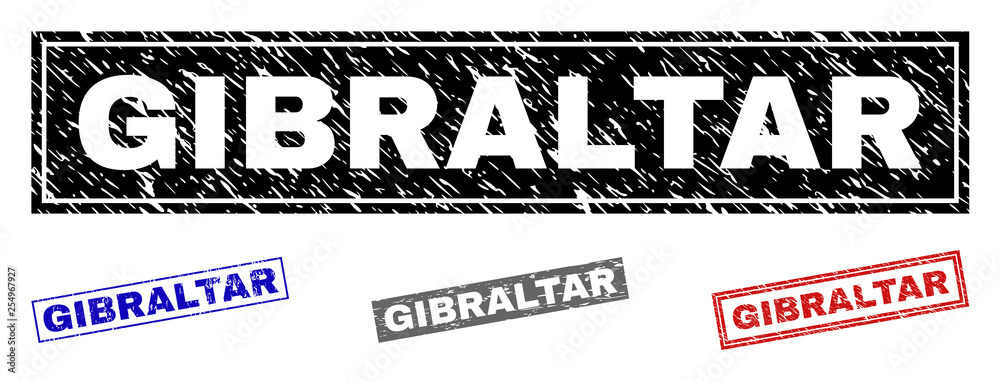 Grunge GIBRALTAR rectangle stamp seals isolated on a white background. Rectangular seals with grunge texture in red, blue, black and grey colors.