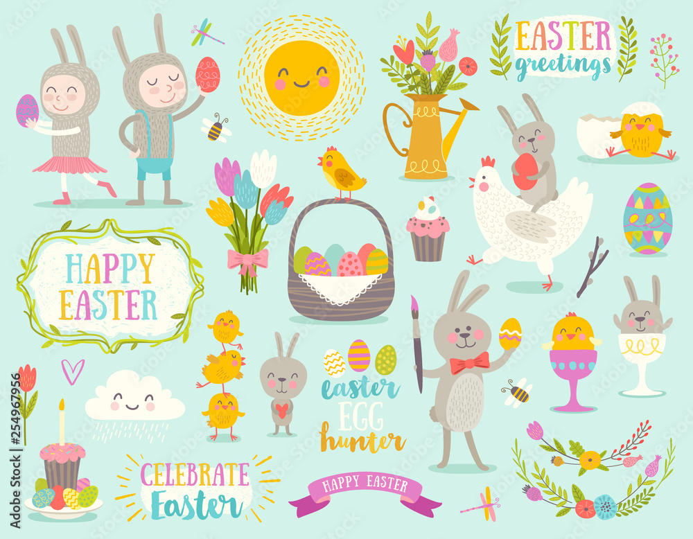 Set of vector cute Easter cartoon characters and design elements. Easter bunny, chickens, eggs and flowers. Set of vector cute Easter cartoon characters and design elements. Easter bunny, chickens, eggs and flowers.
