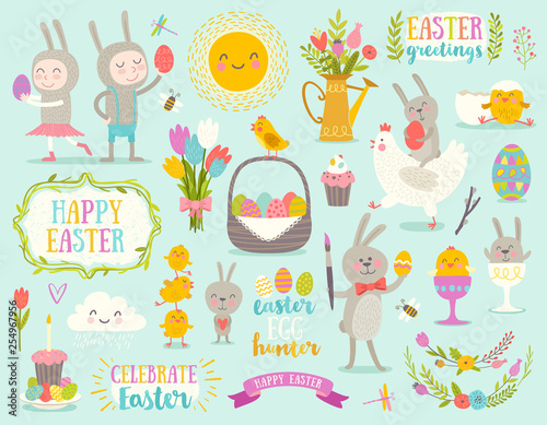 Set of vector cute Easter cartoon characters and design elements. Easter bunny  chickens  eggs and flowers.
