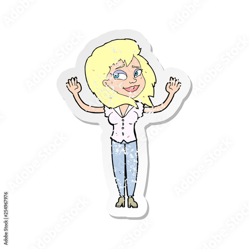 retro distressed sticker of a cartoon woman giving up